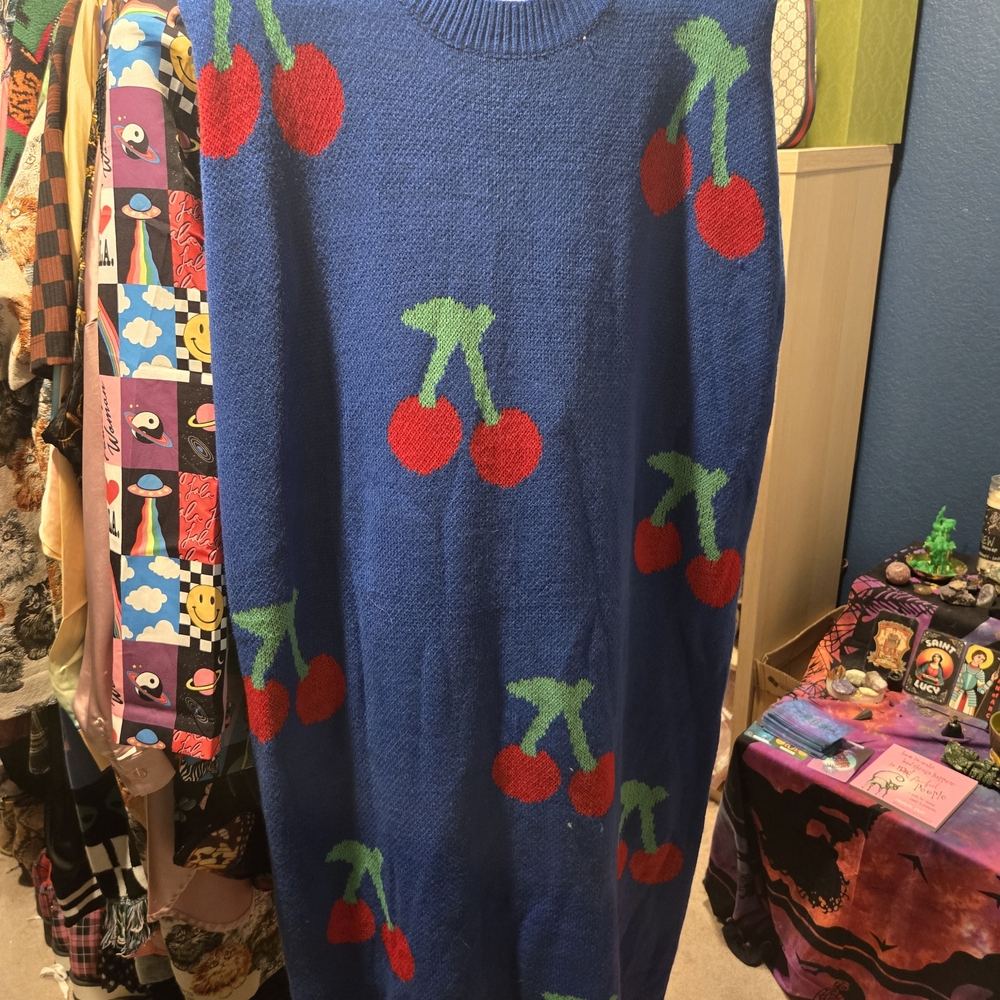 Blue Sweater Dress with Cherry Design